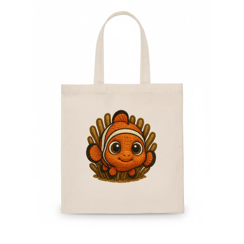 Baby Clownfish - orange with white stripes, big round eyes, front-facing in anemone, - Tote Bag