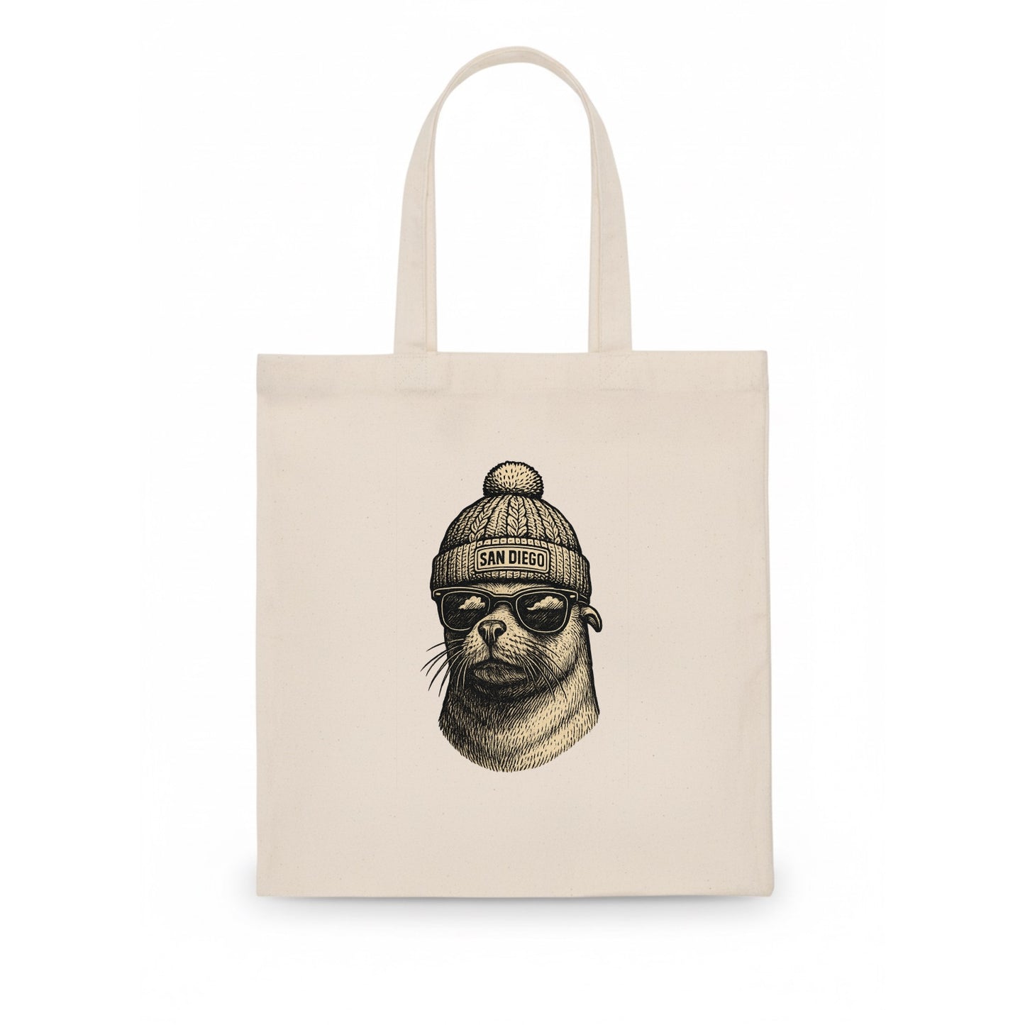 San Diego Sea Lion wearing San Diego beanie with pom pom and wayfarer sunglasses - Tote Bag - white