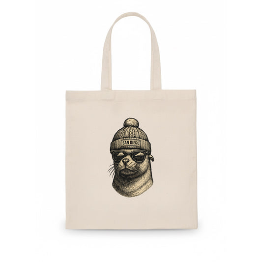 San Diego Sea Lion wearing San Diego beanie with pom pom and wayfarer sunglasses - Tote Bag - white
