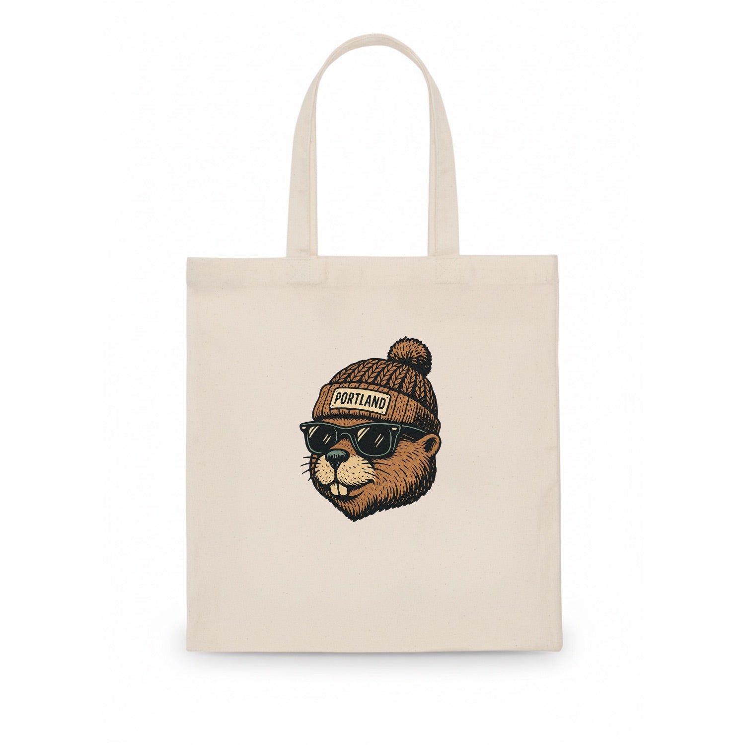 Portland Beaver wearing Portland beanie with pom pom and wayfarer sunglasses - Tote Bag - white