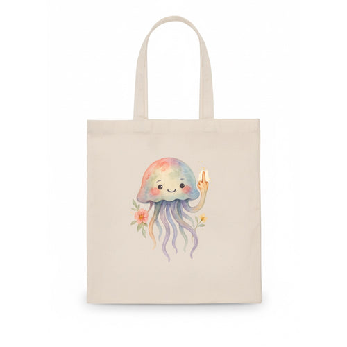 jellyfish with kawaii face and tentacles, one tentacle pointing up defiantly - Tote Bag