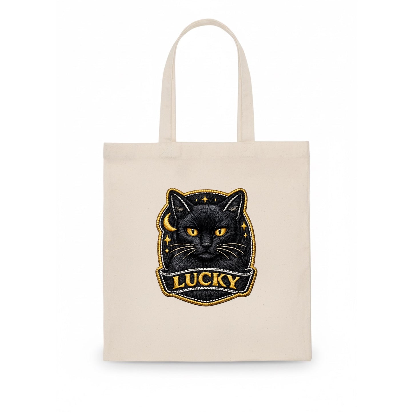 BLACK CAT LUCKY - sleek black cat with gold eyes in black , mysterious feline - Tote Bag - white