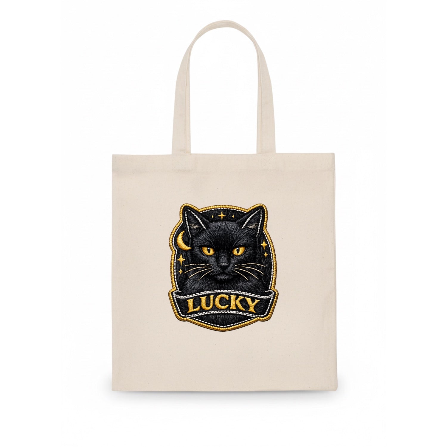 BLACK CAT LUCKY - sleek black cat with gold eyes in black , mysterious feline - Tote Bag - white