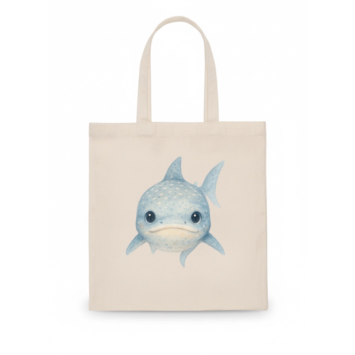 Baby Whale Shark - spotted blue-gray, wide mouth closed, tiny eyes, front-facing, gentle - Tote Bag - white