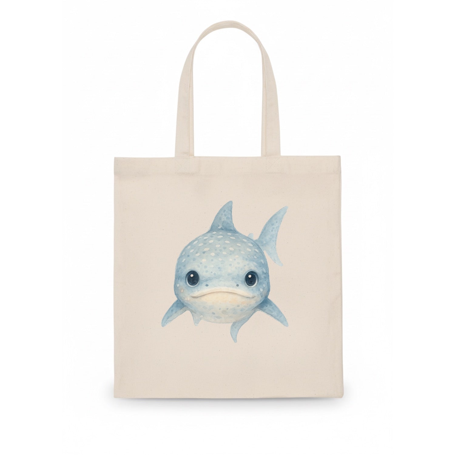 Baby Whale Shark - spotted blue-gray, wide mouth closed, tiny eyes, front-facing, gentle - Tote Bag - white