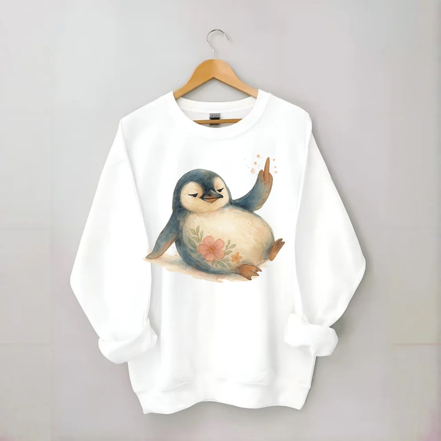 chubby penguin sliding on belly, one flipper up giving attitude - Crewneck Sweatshirt - white