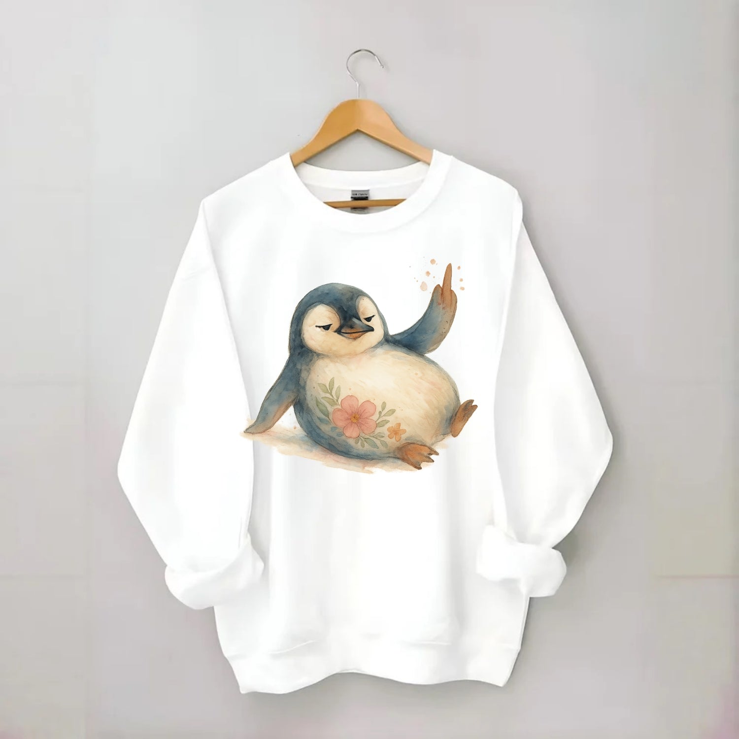 chubby penguin sliding on belly, one flipper up giving attitude - Crewneck Sweatshirt - white