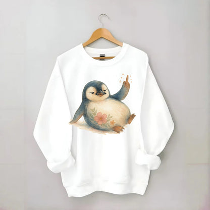 chubby penguin sliding on belly, one flipper up giving attitude - Crewneck Sweatshirt - white