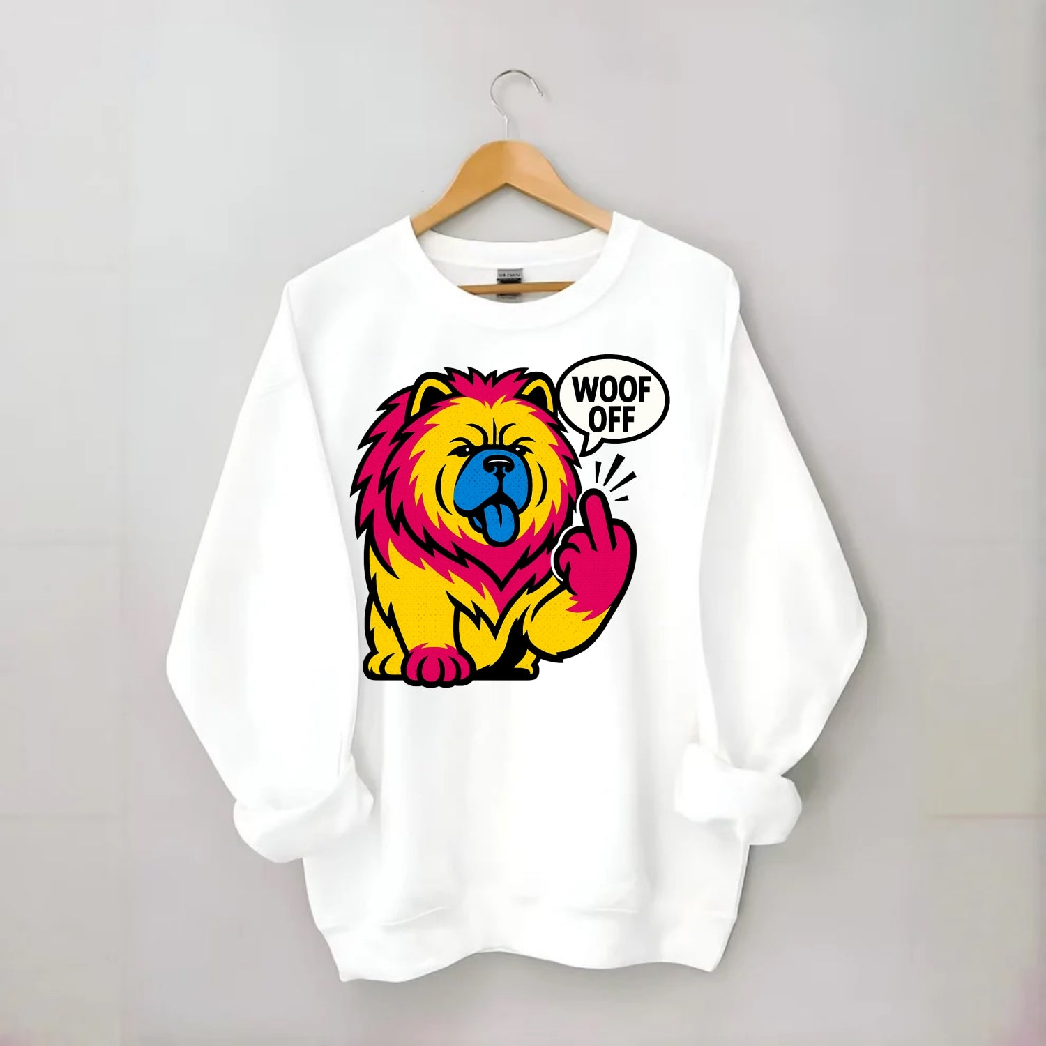 Chow Chow with lion mane and blue-black tongue, fluffy dignified paw up with - Crewneck Sweatshirt - white