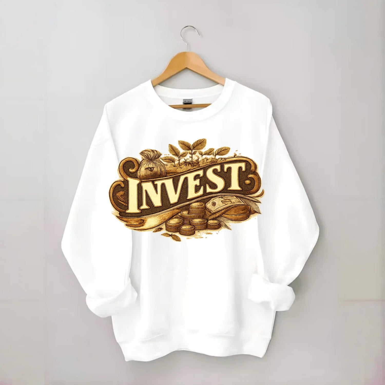 Bold typography design - "INVEST" - growing money, smart decisions - Crewneck Sweatshirt - white