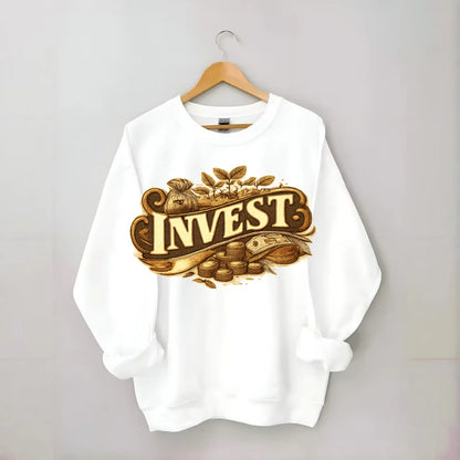 Bold typography design - "INVEST" - growing money, smart decisions - Crewneck Sweatshirt - white