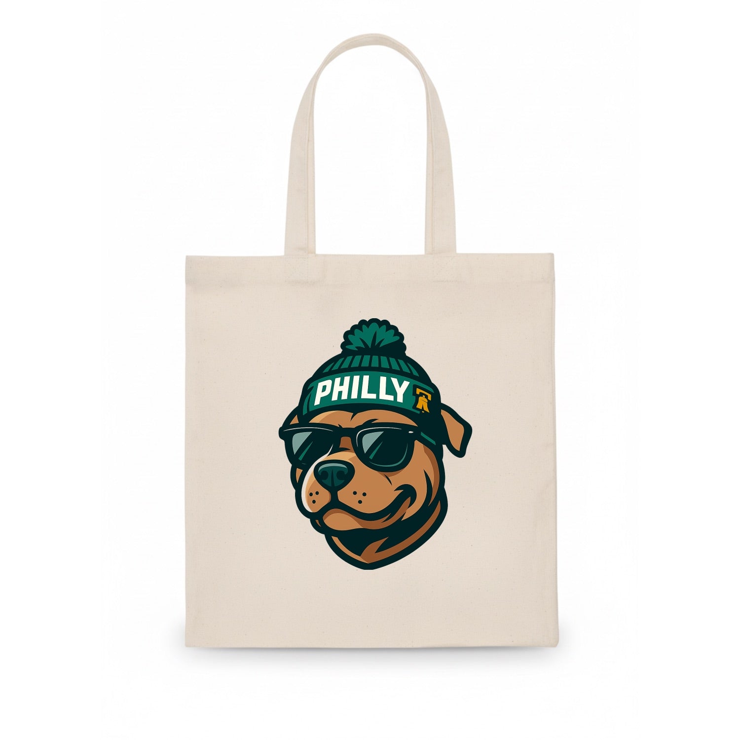 Philly Pitbull wearing Eagles beanie with Liberty Bell patch and wayfarer sunglasses - Tote Bag - white