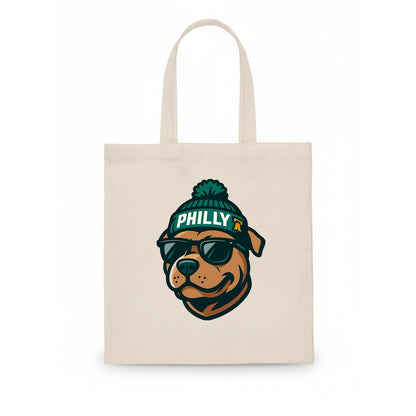 Philly Pitbull wearing Eagles beanie with Liberty Bell patch and wayfarer sunglasses - Tote Bag - white