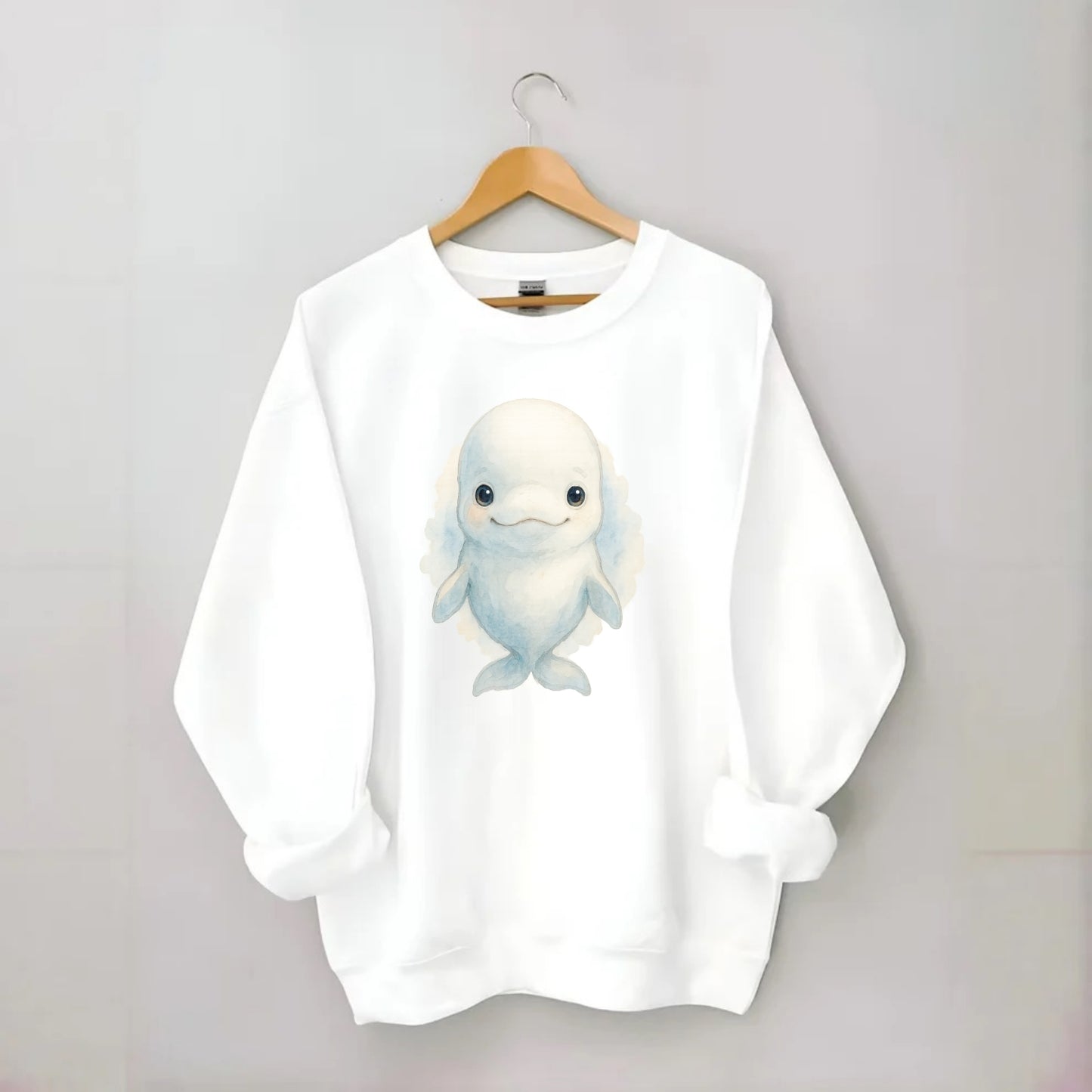 Baby Beluga Whale - pure white, rounded forehead, small eyes with big - Crewneck Sweatshirt - white