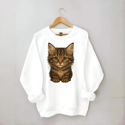 Baby Maine Coon Kitten - large fluffy tabby, tufted ears, big green eyes, - Crewneck Sweatshirt - white