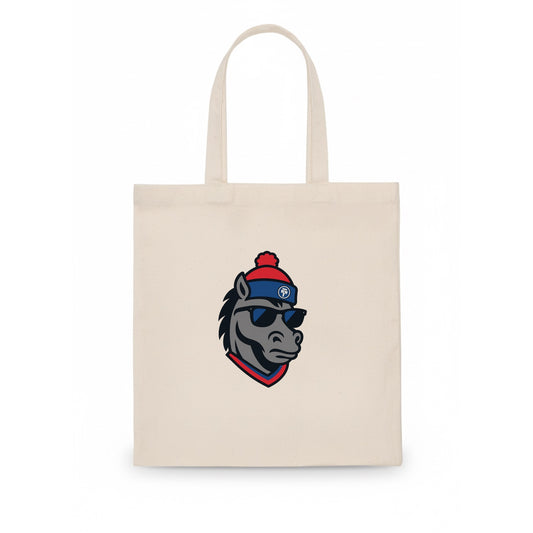 Detroit Stallion wearing Pistons red and blue beanie with piston patch and wayfarer - Tote Bag - white