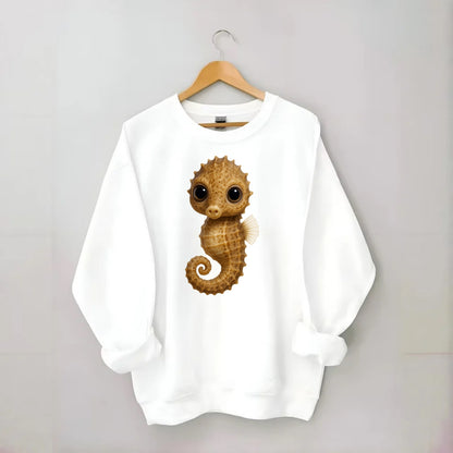 Baby Seahorse - curled tail, snout, large eyes, front-facing, delicate and - Crewneck Sweatshirt - white