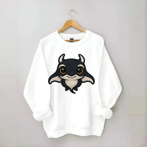 Baby Manta Ray - dark with white markings, cephalic fins, gentle eyes, - Crewneck Sweatshirt