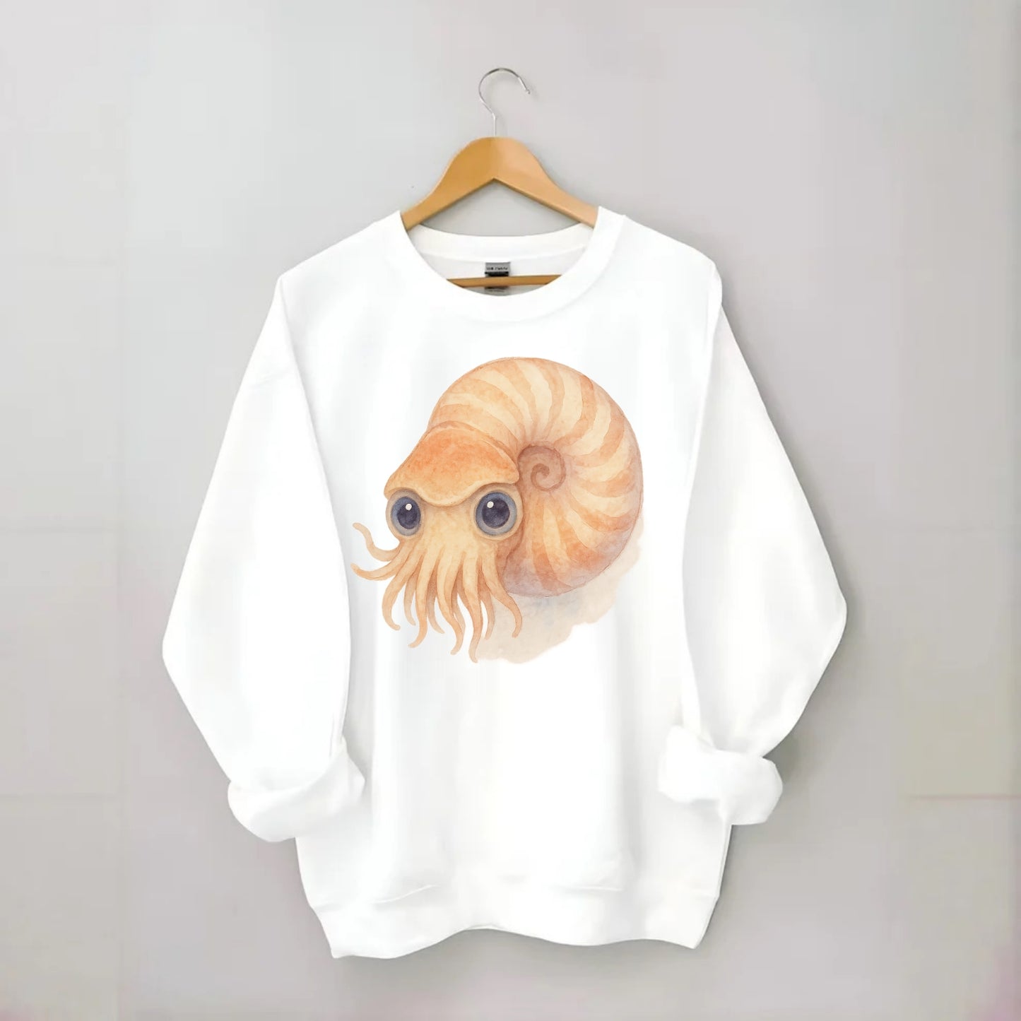 Baby Nautilus - spiral shell, tentacles peeking, ancient eyes, front-facing, - Crewneck Sweatshirt - white