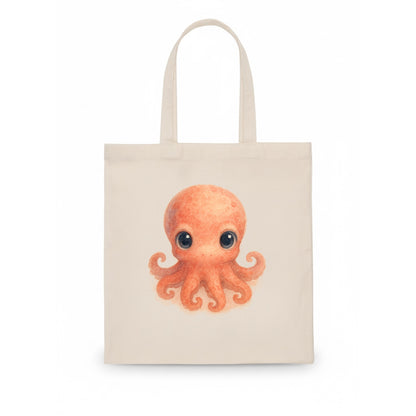 Baby Octopus - red-orange, eight tiny tentacles curled, large intelligent eyes, - Tote Bag - white