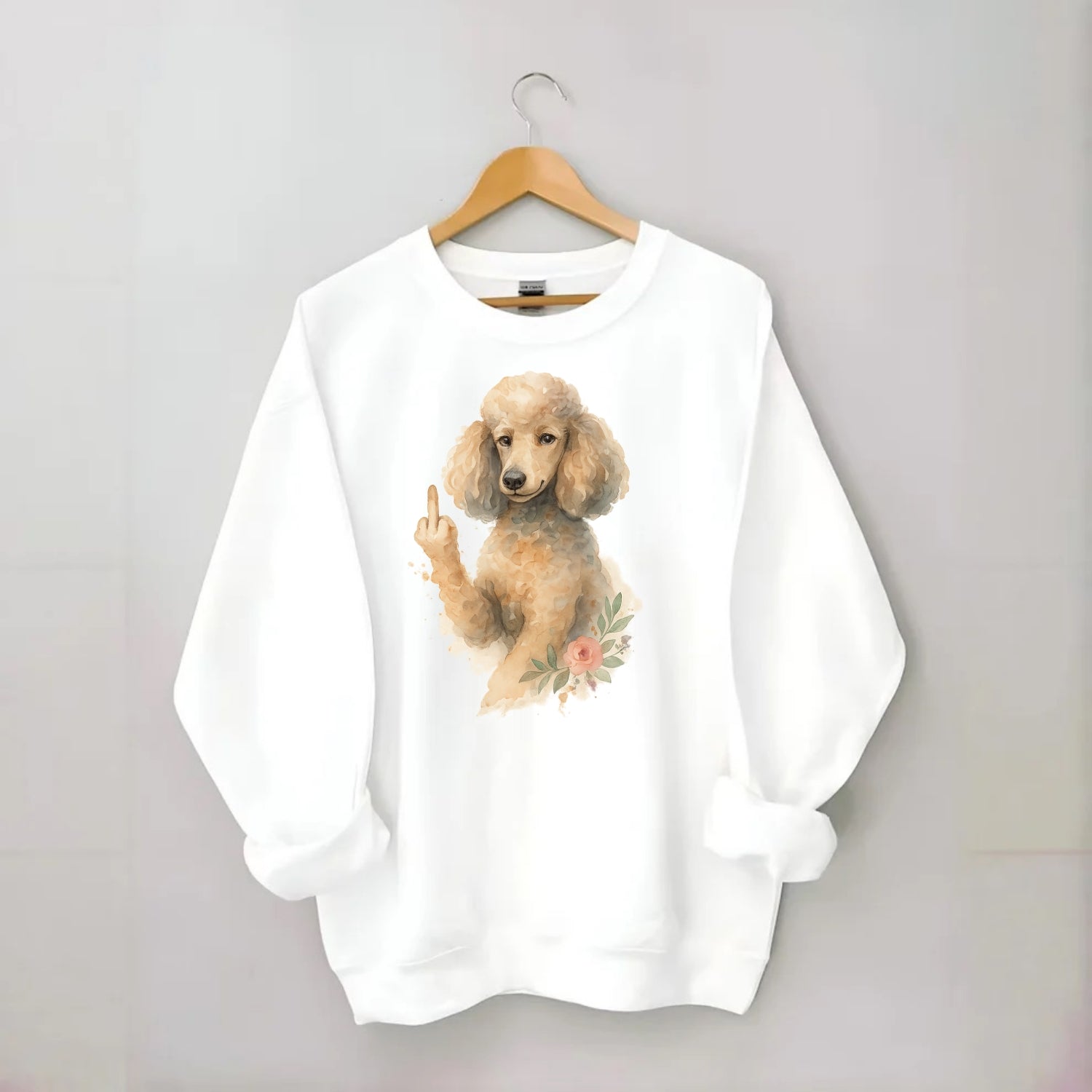 Standard Poodle with curly styled coat, intelligent face, fancy paw giving - Crewneck Sweatshirt - white