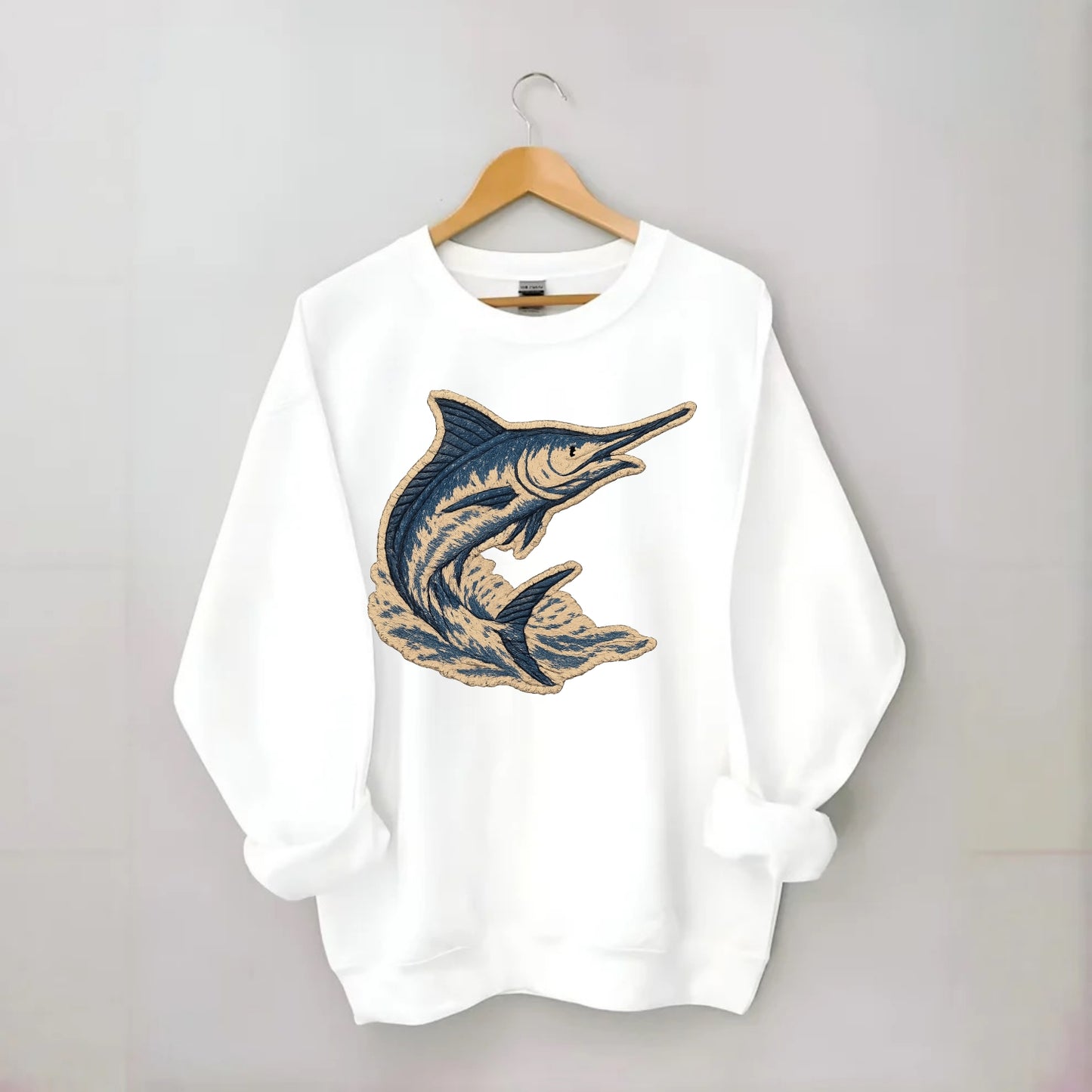 SWORDFISH MARLIN - leaping marlin in blue and silver , sport fishing - Crewneck Sweatshirt - white
