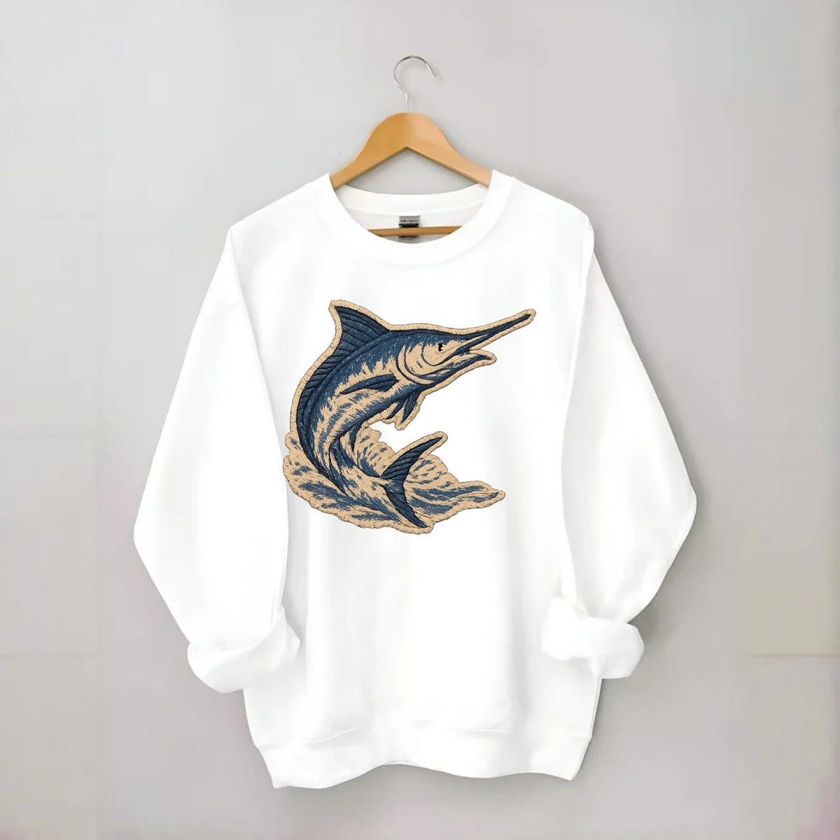 SWORDFISH MARLIN - leaping marlin in blue and silver , sport fishing - Crewneck Sweatshirt - white