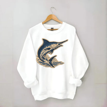 SWORDFISH MARLIN - leaping marlin in blue and silver , sport fishing - Crewneck Sweatshirt - white