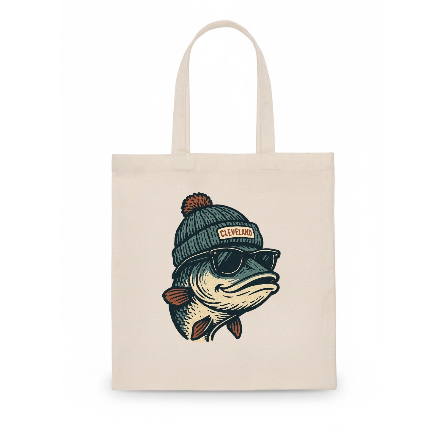 Cleveland Lake Erie Walleye wearing Cleveland beanie with pom pom and wayfarer sunglasses - Tote Bag - white