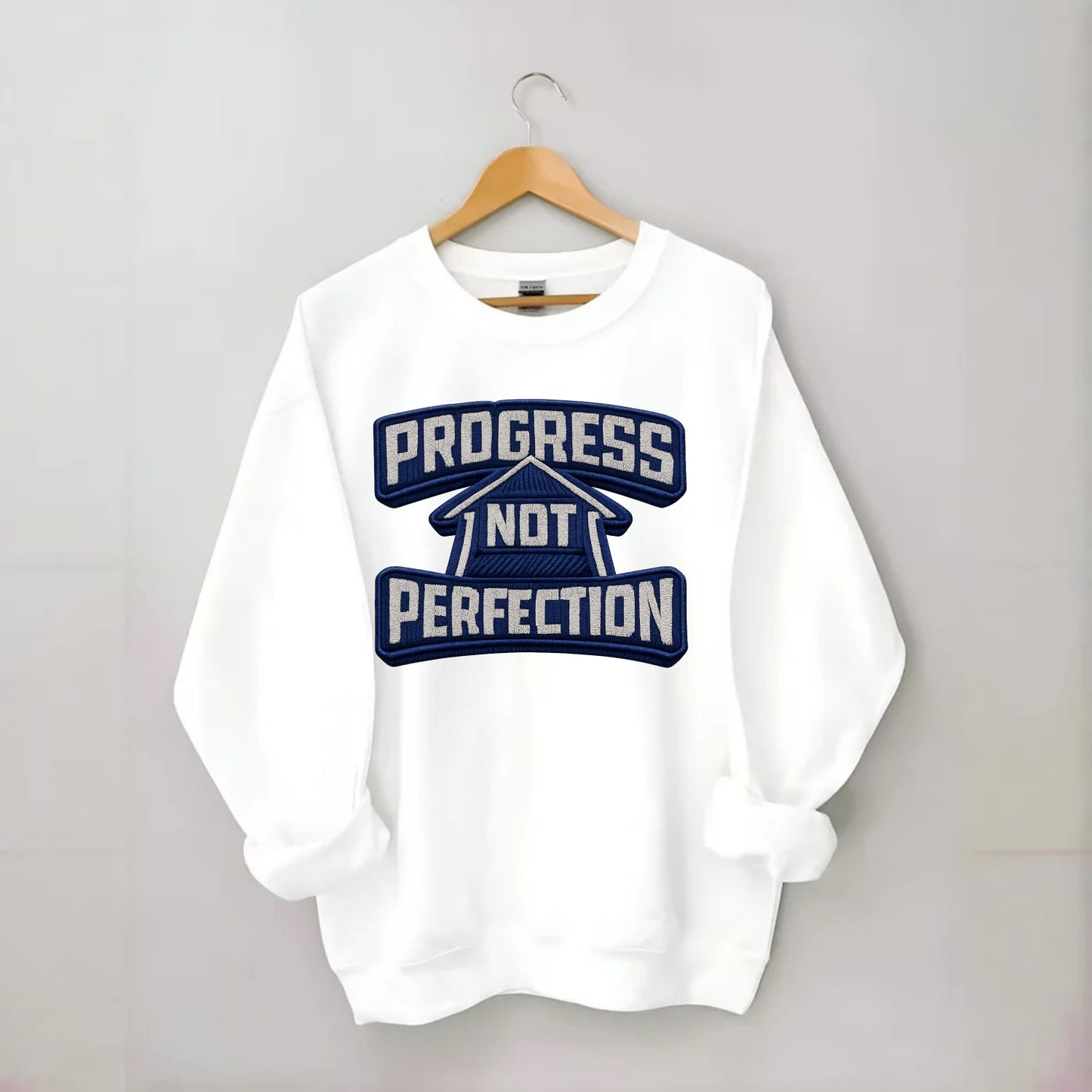 PROGRESS NOT PERFECTION - arrow with text in blue , growth mindset - Crewneck Sweatshirt - white