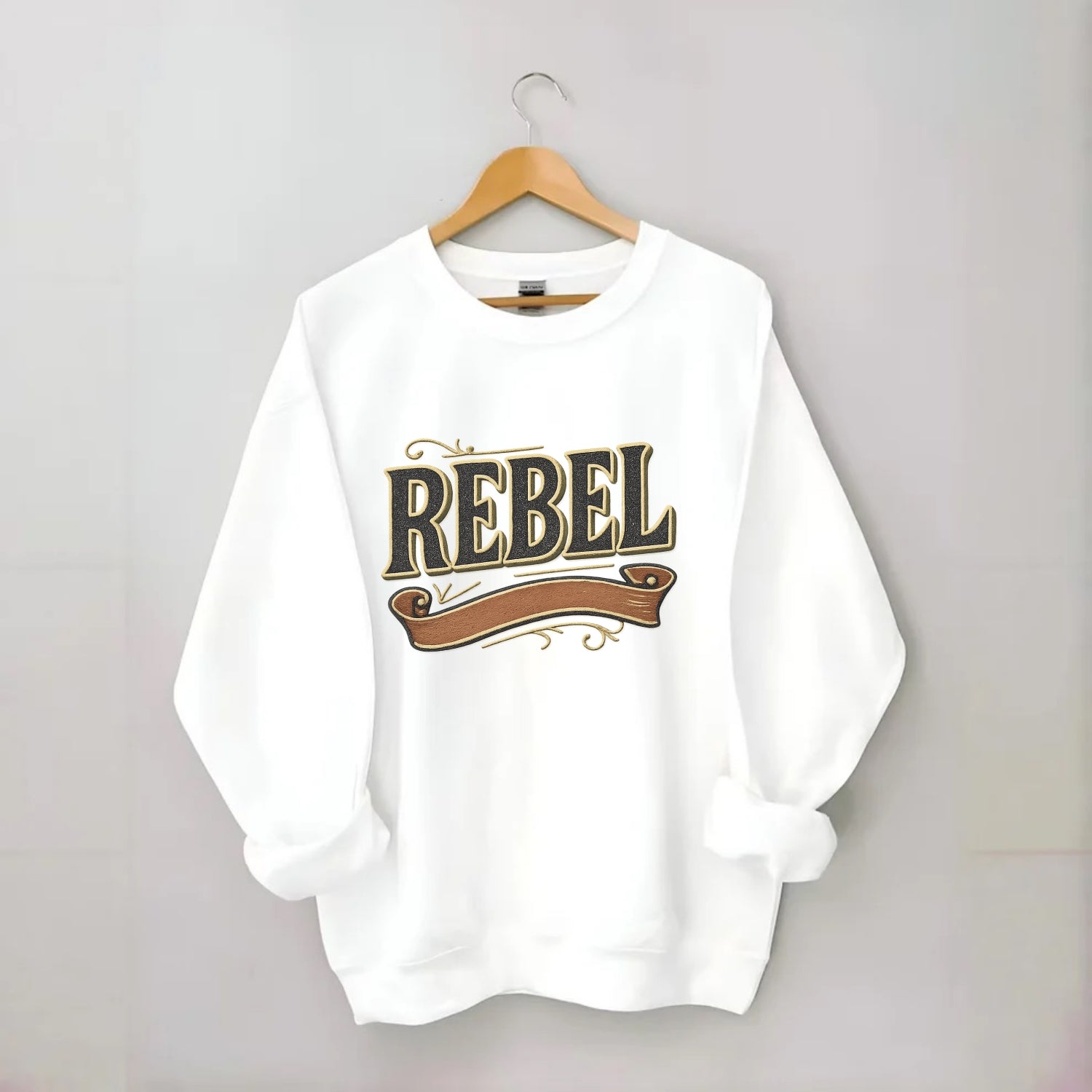 Bold typography design - "REBEL" - nonconformist, rule breaker, independent - Crewneck Sweatshirt - white
