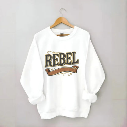 Bold typography design - "REBEL" - nonconformist, rule breaker, independent - Crewneck Sweatshirt - white