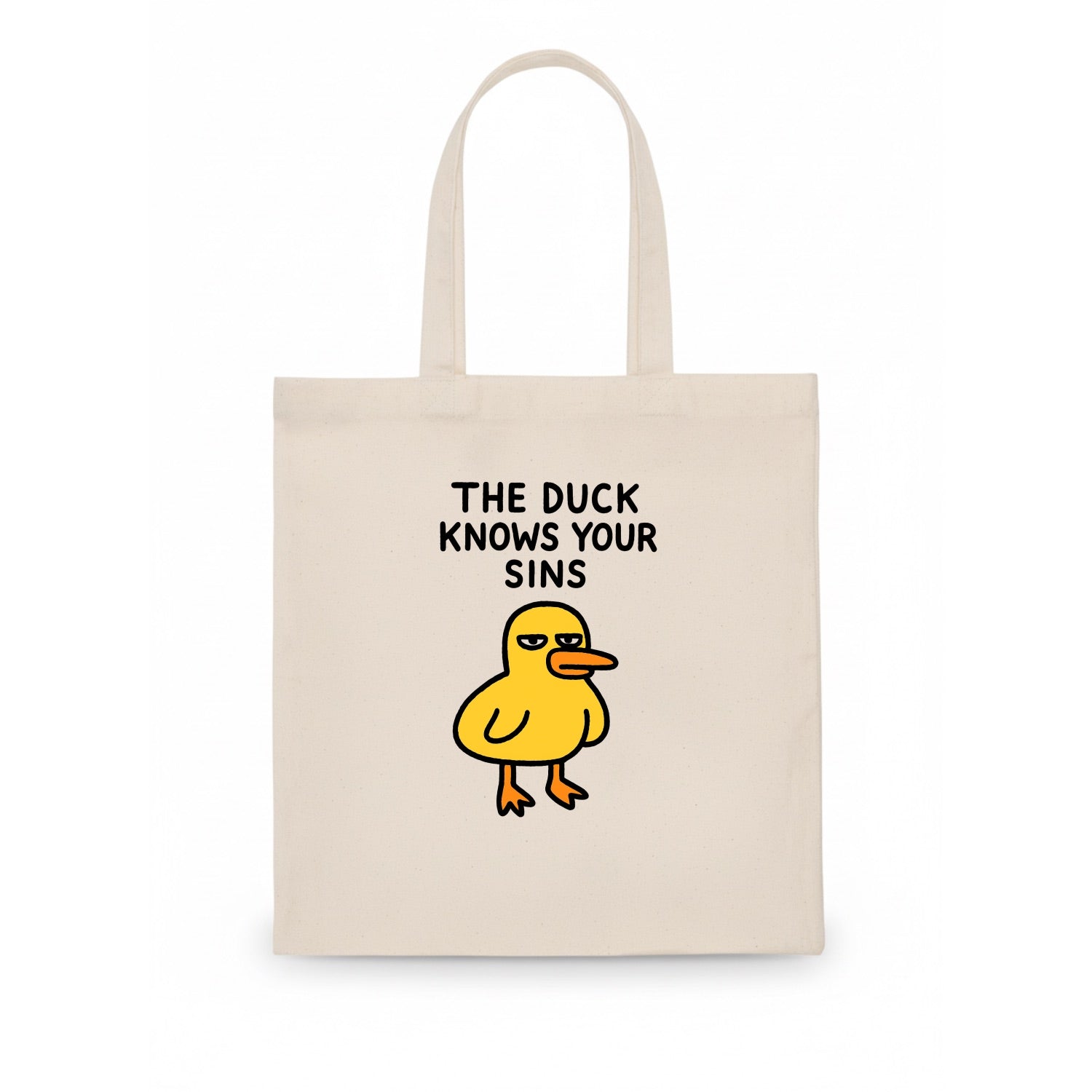 THE DUCK KNOWS YOUR SINS | Yellow duck with judgmental stare - Tote Bag - white