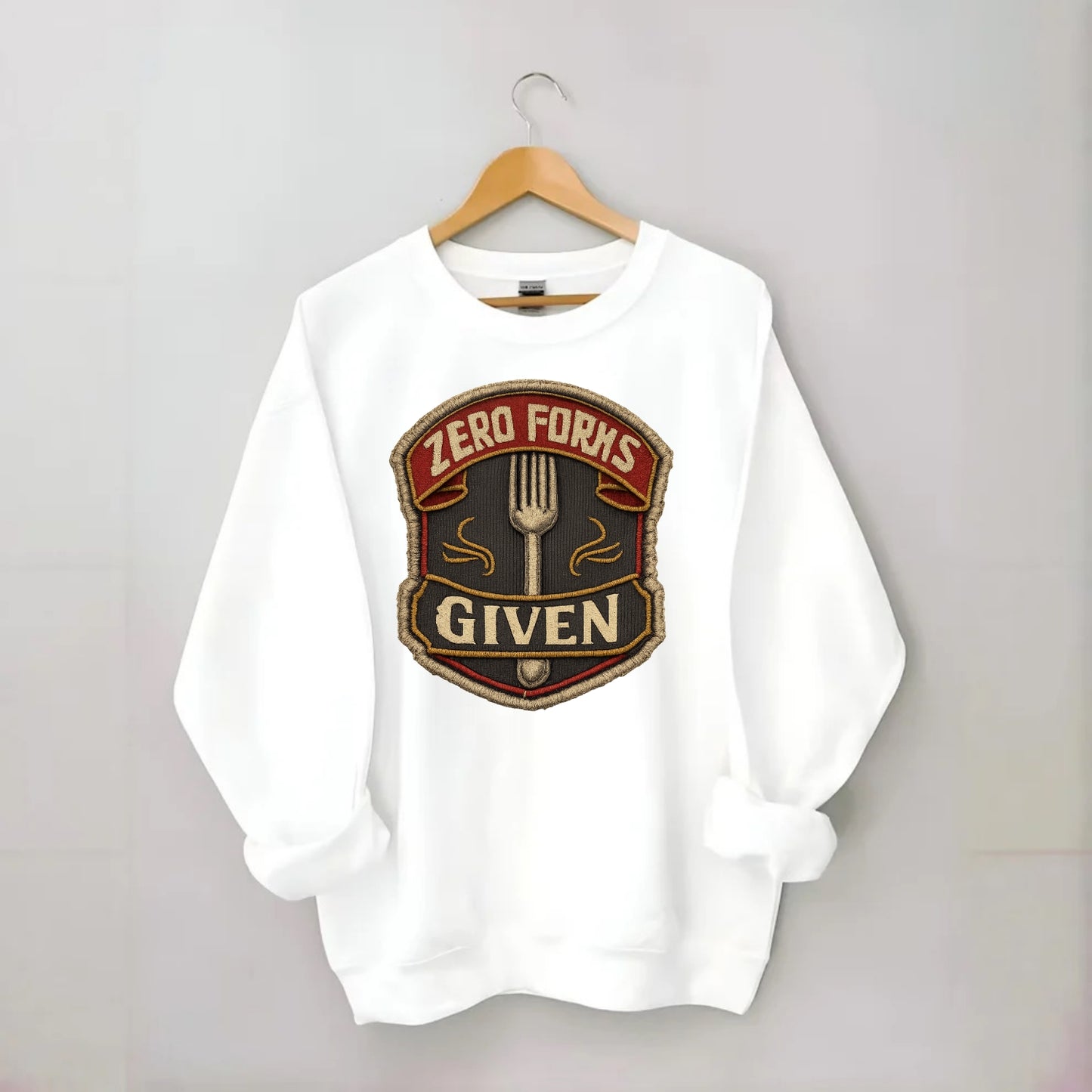 ZERO FORKS GIVEN - fork with text in silver , no cares attitude - Crewneck Sweatshirt - white