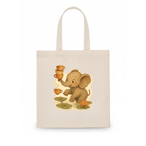 Elephant balancing teacups during a floating tea ceremony beside lotus ponds - Tote Bag
