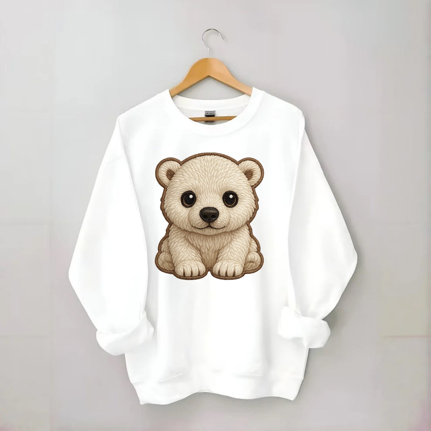 Baby Polar Bear Cub - white fluffy, black nose, dark curious eyes, - Crewneck Sweatshirt - white