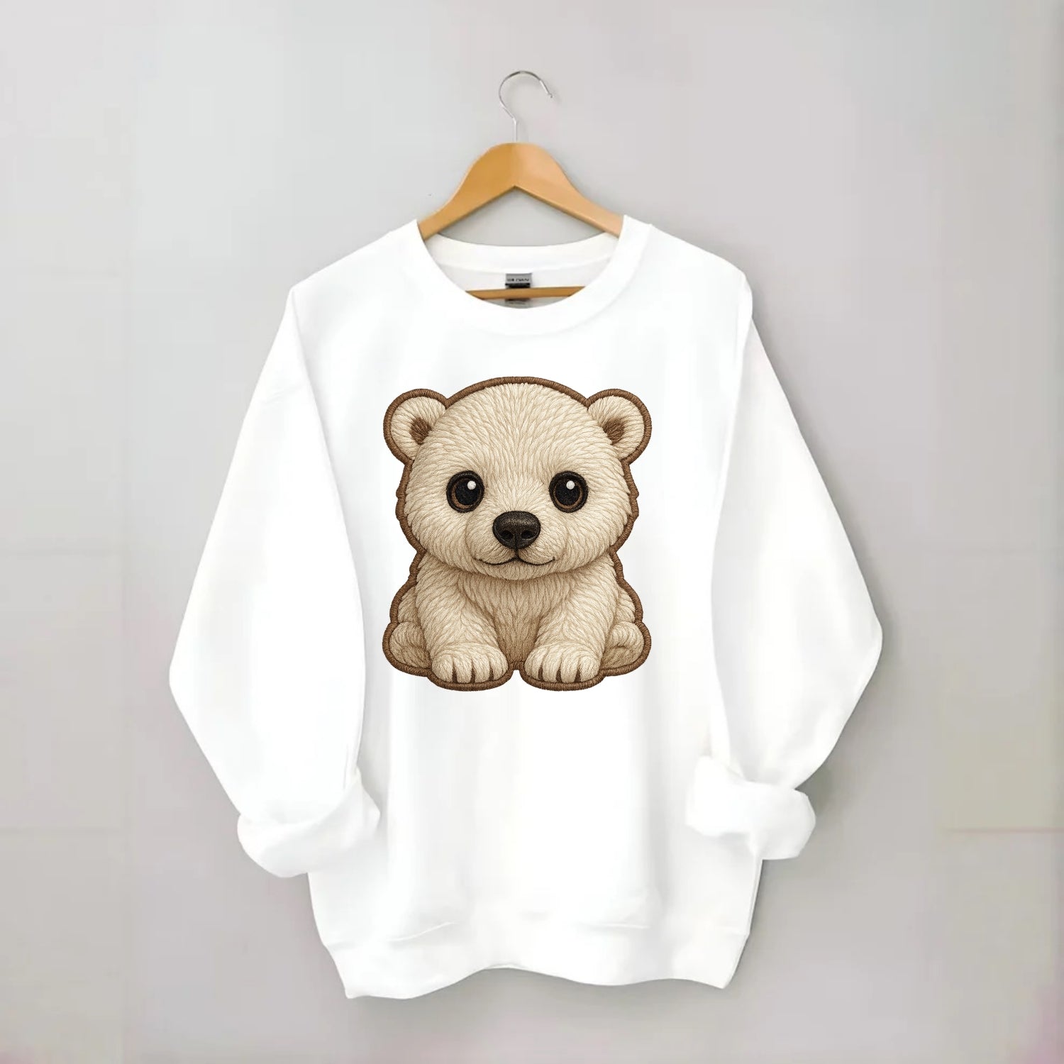 Baby Polar Bear Cub - white fluffy, black nose, dark curious eyes, - Crewneck Sweatshirt - white