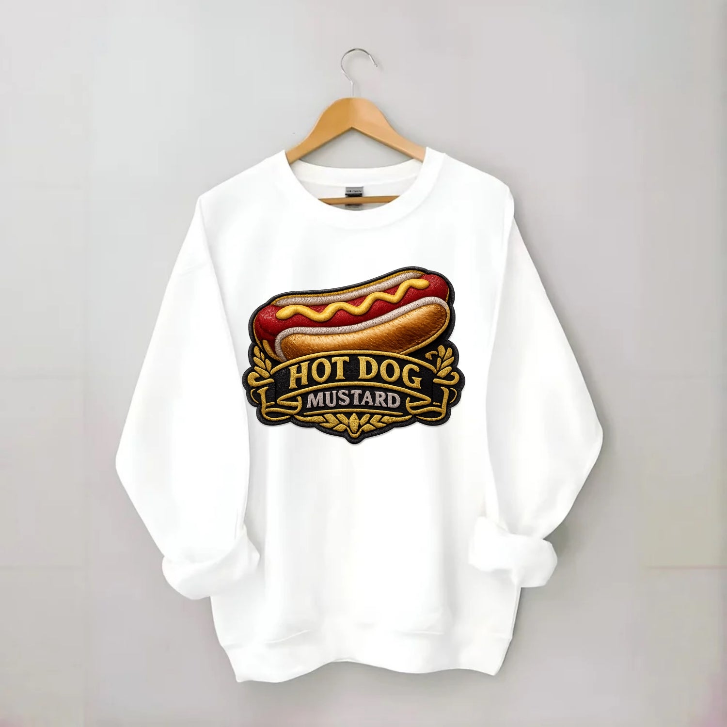 HOT DOG MUSTARD - classic hot dog in tan yellow red , ballpark food - Crewneck Sweatshirt - white