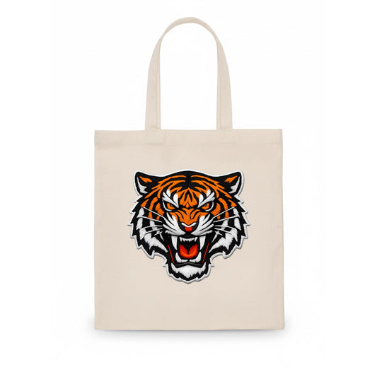 TIGER STRIPES FACE - fierce tiger face in orange, black and white , predator power - Tote Bag - white