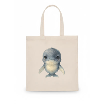 Baby Humpback Whale - dark gray with white flippers, large gentle eyes, front-facing, - Tote Bag - white
