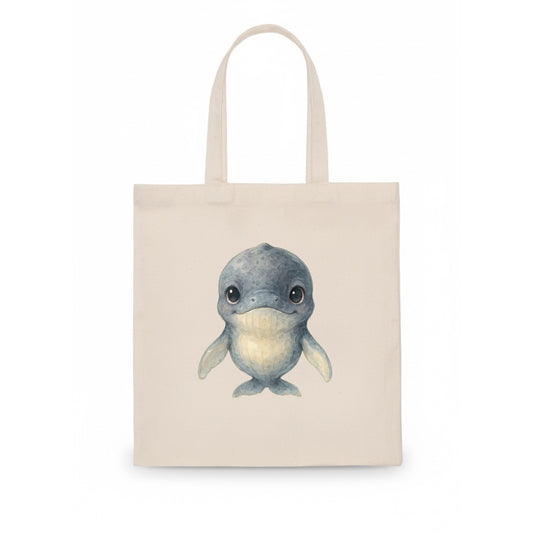 Baby Humpback Whale - dark gray with white flippers, large gentle eyes, front-facing, - Tote Bag - white