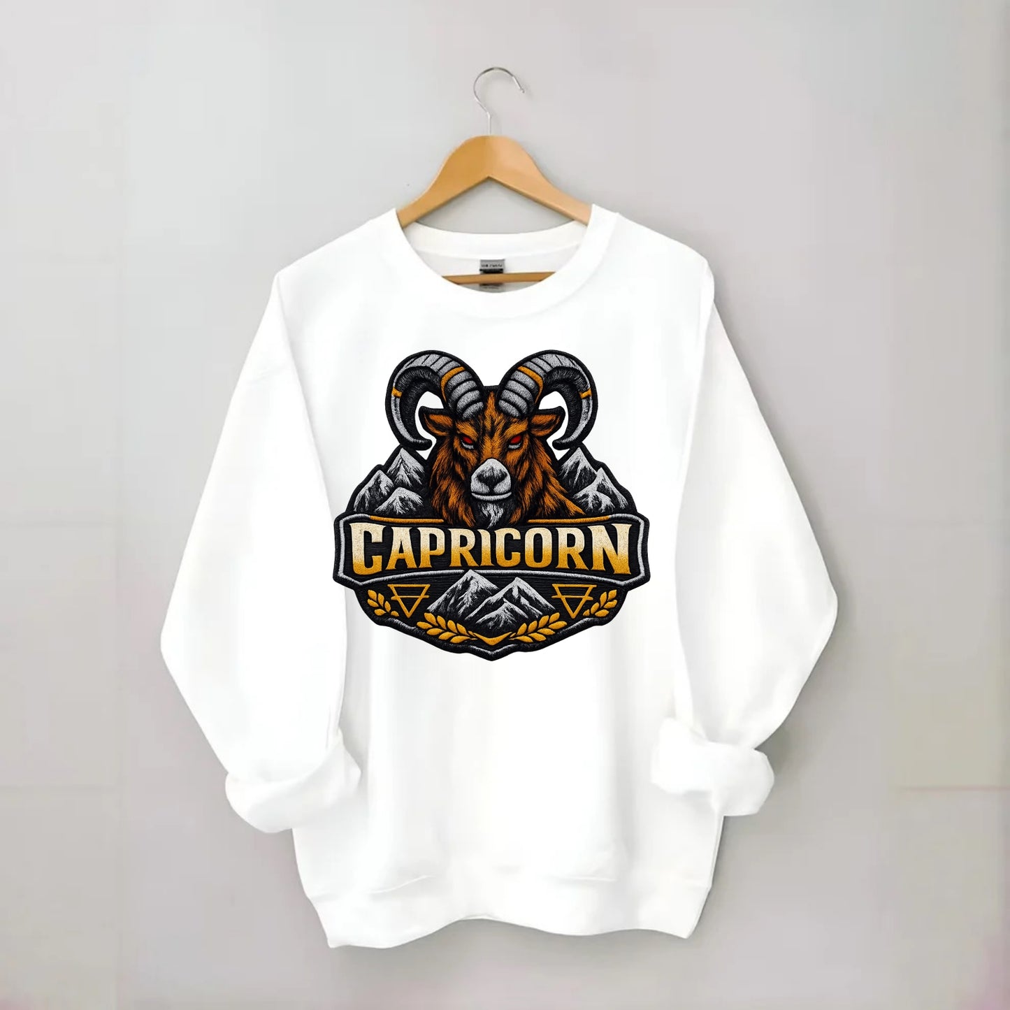 CAPRICORN GOAT - mountain goat in brown and gray , earth sign - Crewneck Sweatshirt - white