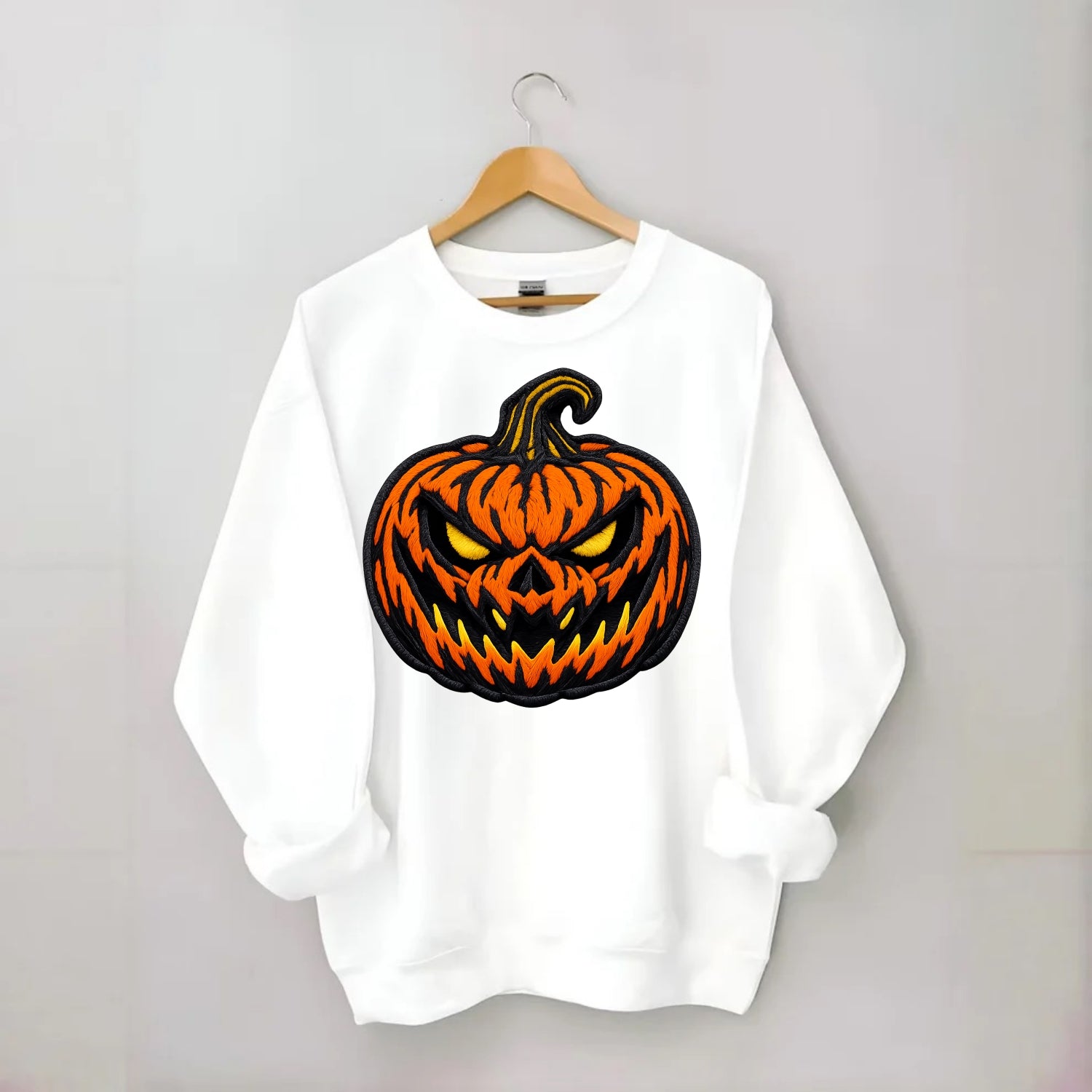 HALLOWEEN PUMPKIN - jack o lantern in orange and black , spooky - Crewneck Sweatshirt - white