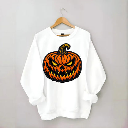 HALLOWEEN PUMPKIN - jack o lantern in orange and black , spooky - Crewneck Sweatshirt - white