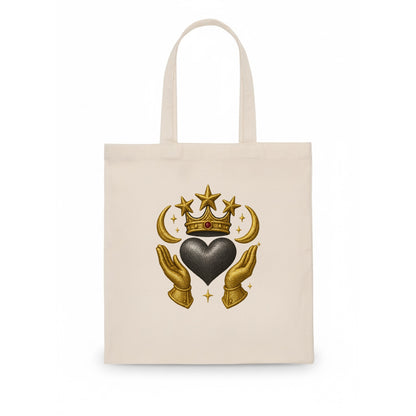 Sun goddess crown radiating golden rays over a midnight heart with henna-adorned hands. - Tote Bag - white
