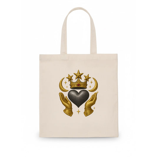 Sun goddess crown radiating golden rays over a midnight heart with henna-adorned hands. - Tote Bag - white