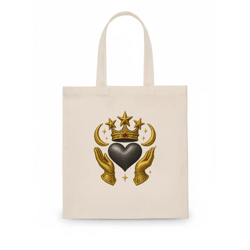 Sun goddess crown radiating golden rays over a midnight heart with henna-adorned hands. - Tote Bag