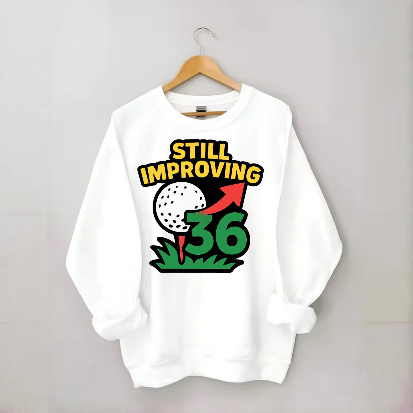 Handicap number getting higher with arrow - "Still Improving" - optimistic - Crewneck Sweatshirt - white