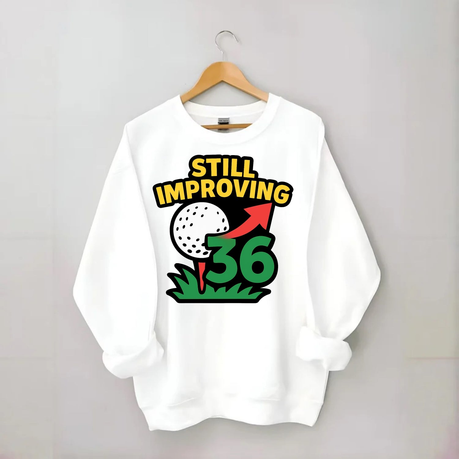Handicap number getting higher with arrow - "Still Improving" - optimistic - Crewneck Sweatshirt - white