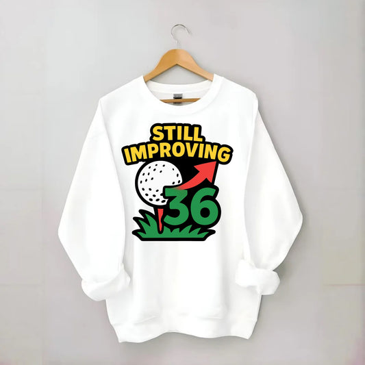 Handicap number getting higher with arrow - "Still Improving" - optimistic - Crewneck Sweatshirt - white